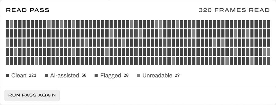 Read pass demo: a strip of 320 screen-recording frames classified clean, AI-assisted, flagged or unreadable